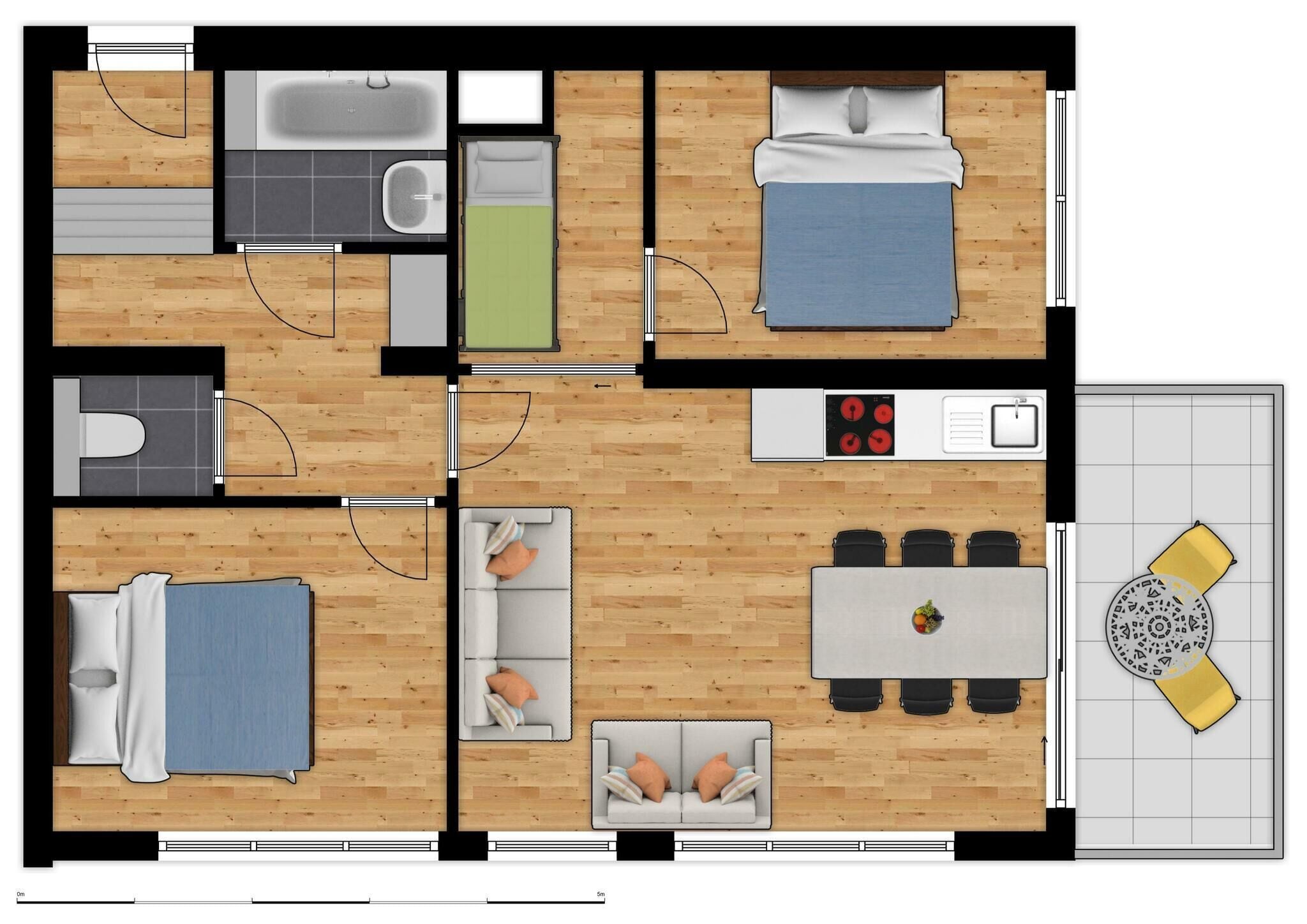 A floor plan of a hotel room with a bed, a bathroom, a kitchenette, a dining area, and a small seating area.