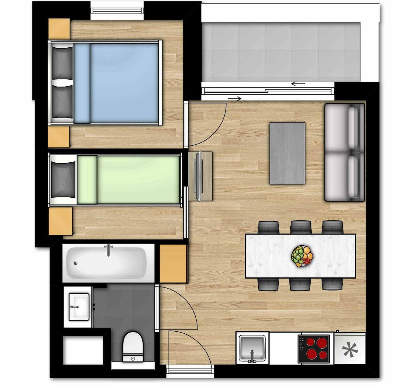 Plano de una habitación de hotel con baño, kitchenette, zona de comedor y sala de estar con sofá y televisor.