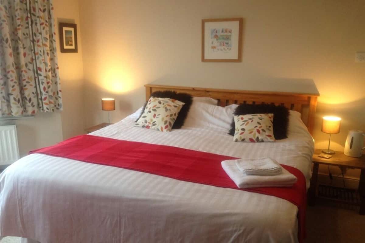 A neatly made bed with a red runner, two pillows with leaf patterns, and a framed picture on the wall.