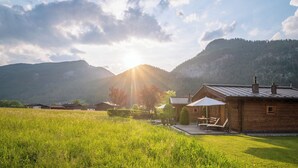 A wooden cabin with a patio, surrounded by a grassy field and mountains in the background. - Hotel Vitaloase zu den drei Brüdern (Unken)