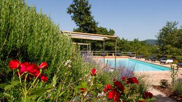 Relax by the serene pool surrounded by lush gardens and vibrant flowers.