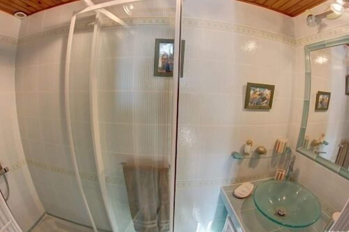 A bathroom with a glass shower enclosure, a glass sink, and a mirror with framed pictures.