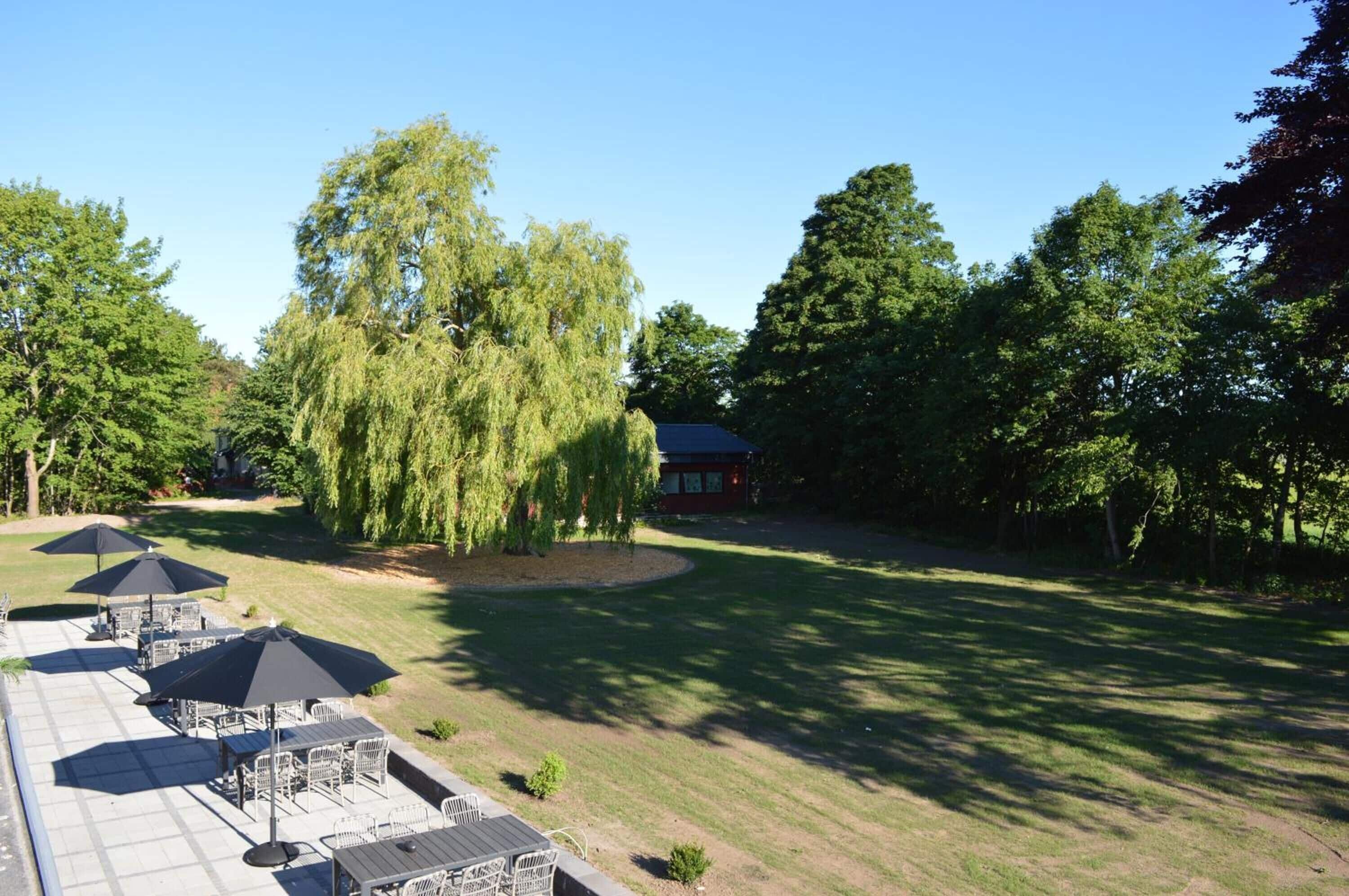 Een terras buiten met tafels en parasols, omringd door bomen en een gebouw op de achtergrond.