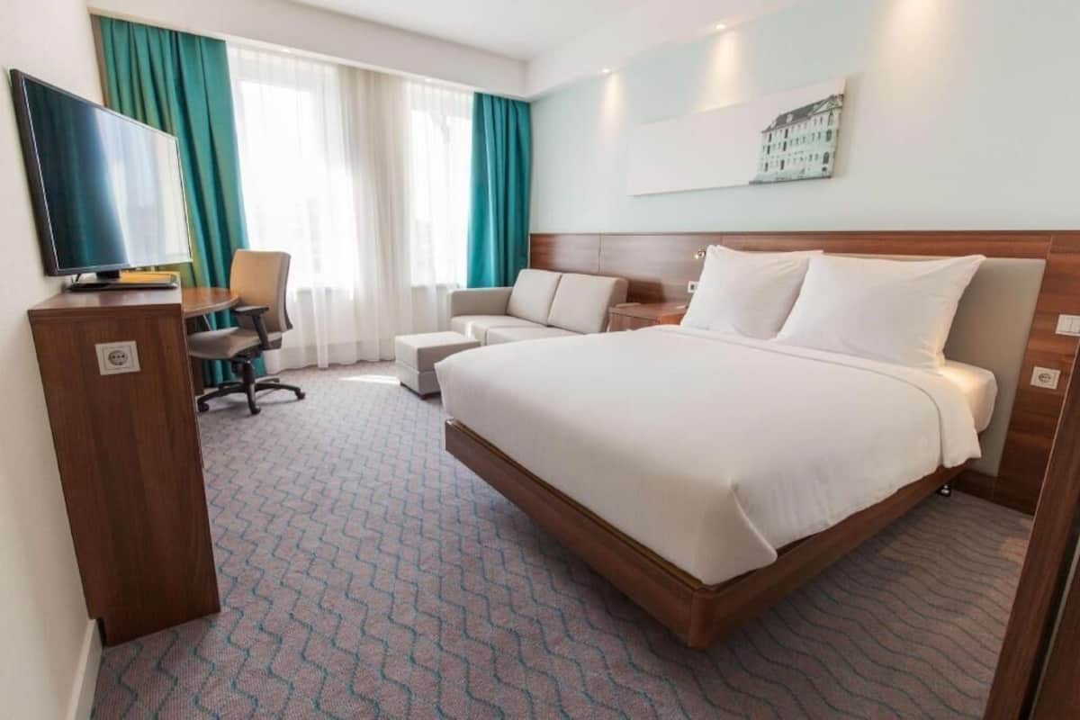 In-room safe, desk, laptop workspace, blackout curtains