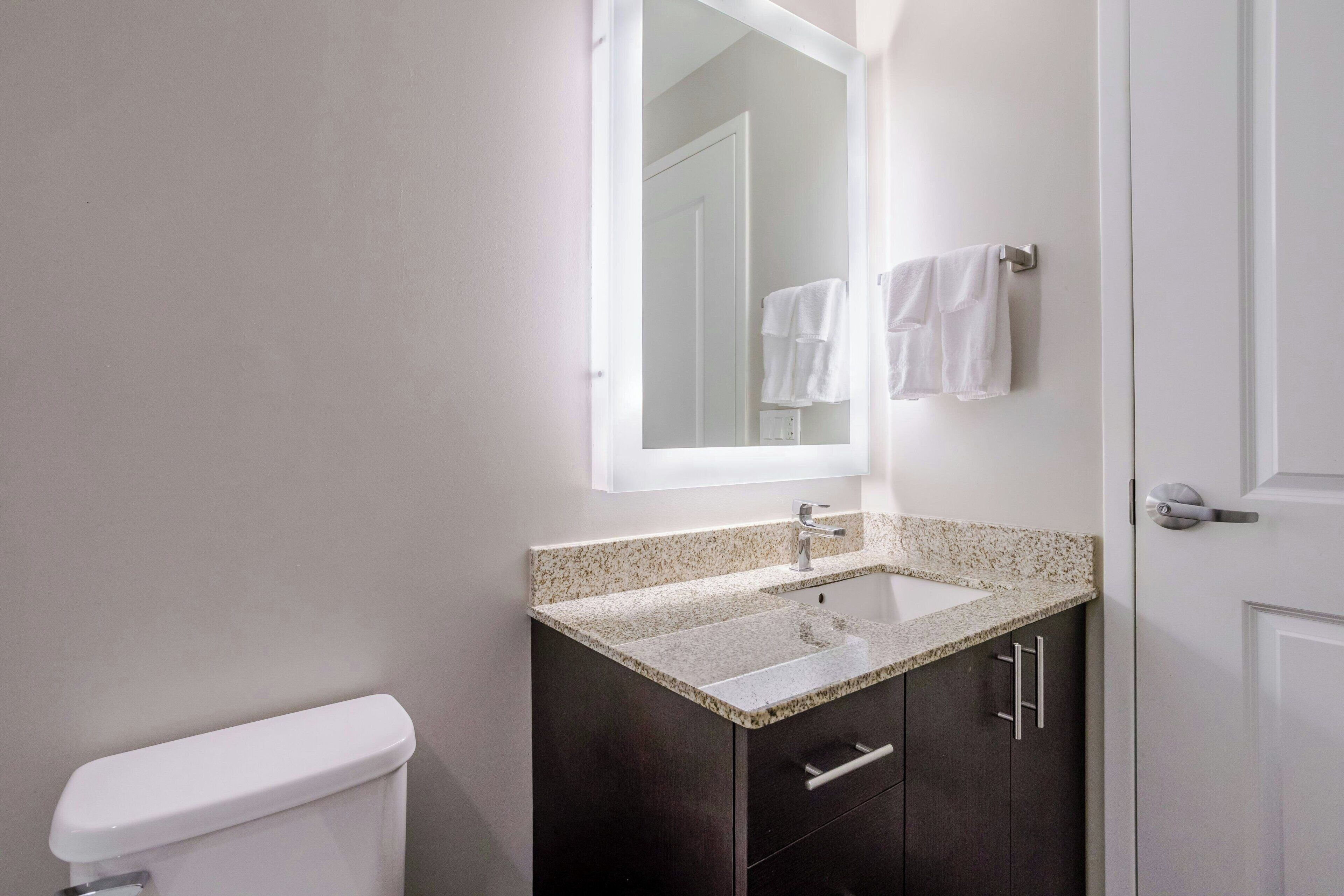 Un baño con inodoro, un lavabo con encimera de granito, armarios oscuros y un espejo sobre el lavabo.