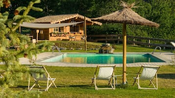 Seasonal outdoor pool, pool umbrellas, sun loungers