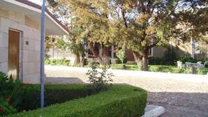 A building with a beige facade, a wooden door, and a small garden area with a hedge and a tree. - Motel La Fortuna (Fresnillo)