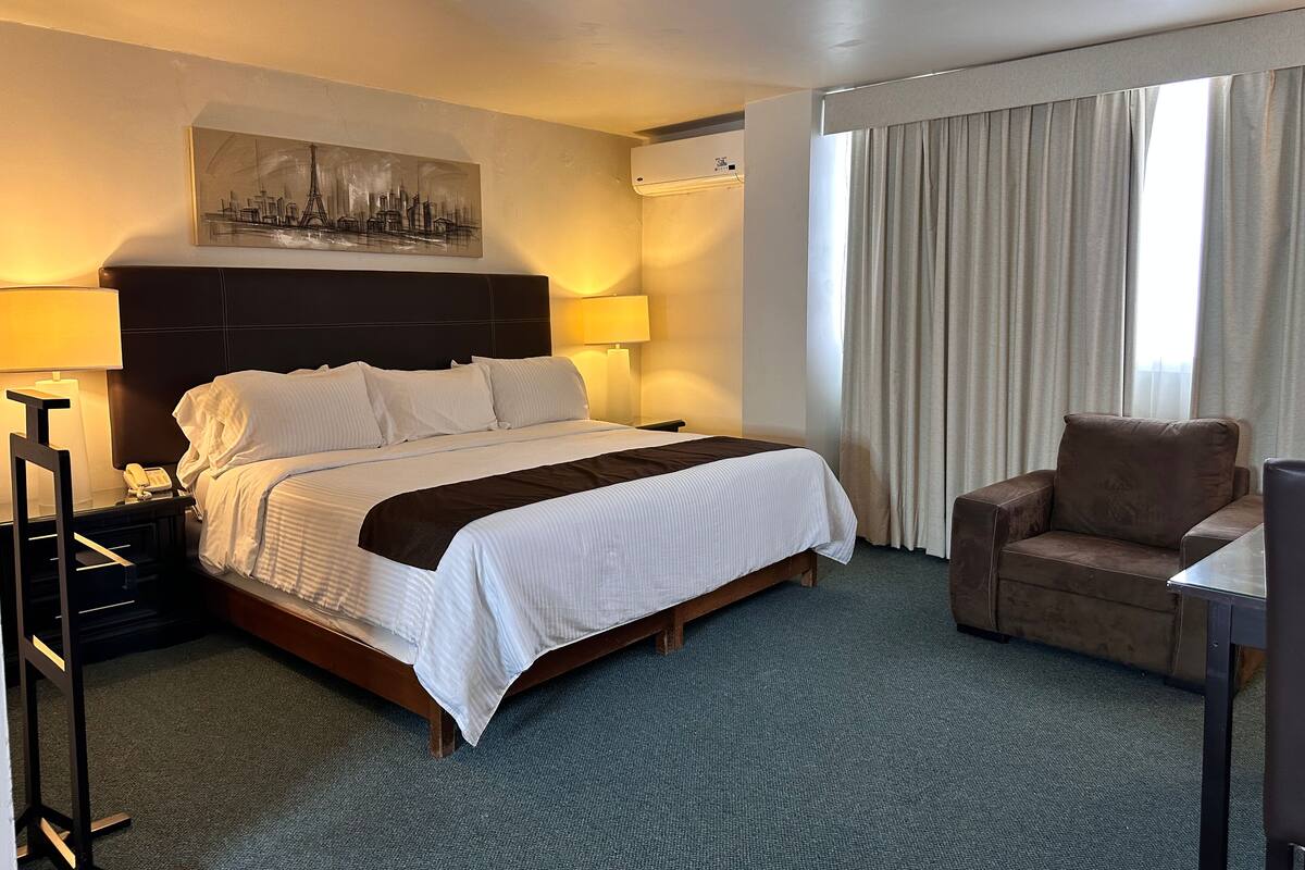 Executive suite, 1 kingsize bed | Donsdekens, een bureau, een laptopwerkplek, een strijkplank/strijkijzer