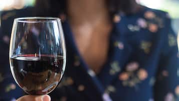 A person holding a wine glass with a plate of food in front.