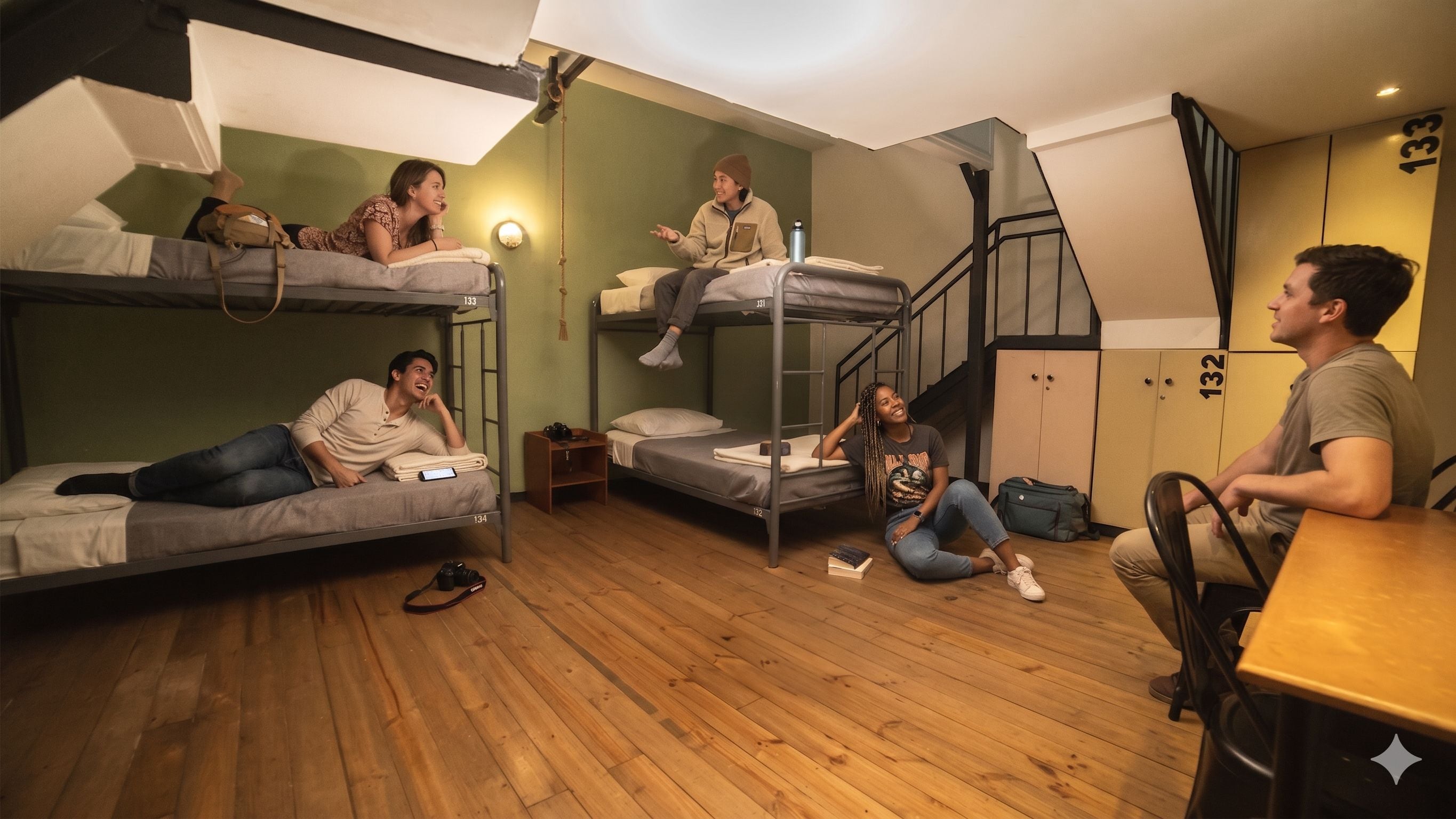 A dormitory room with bunk beds, a staircase, and a wooden floor.
