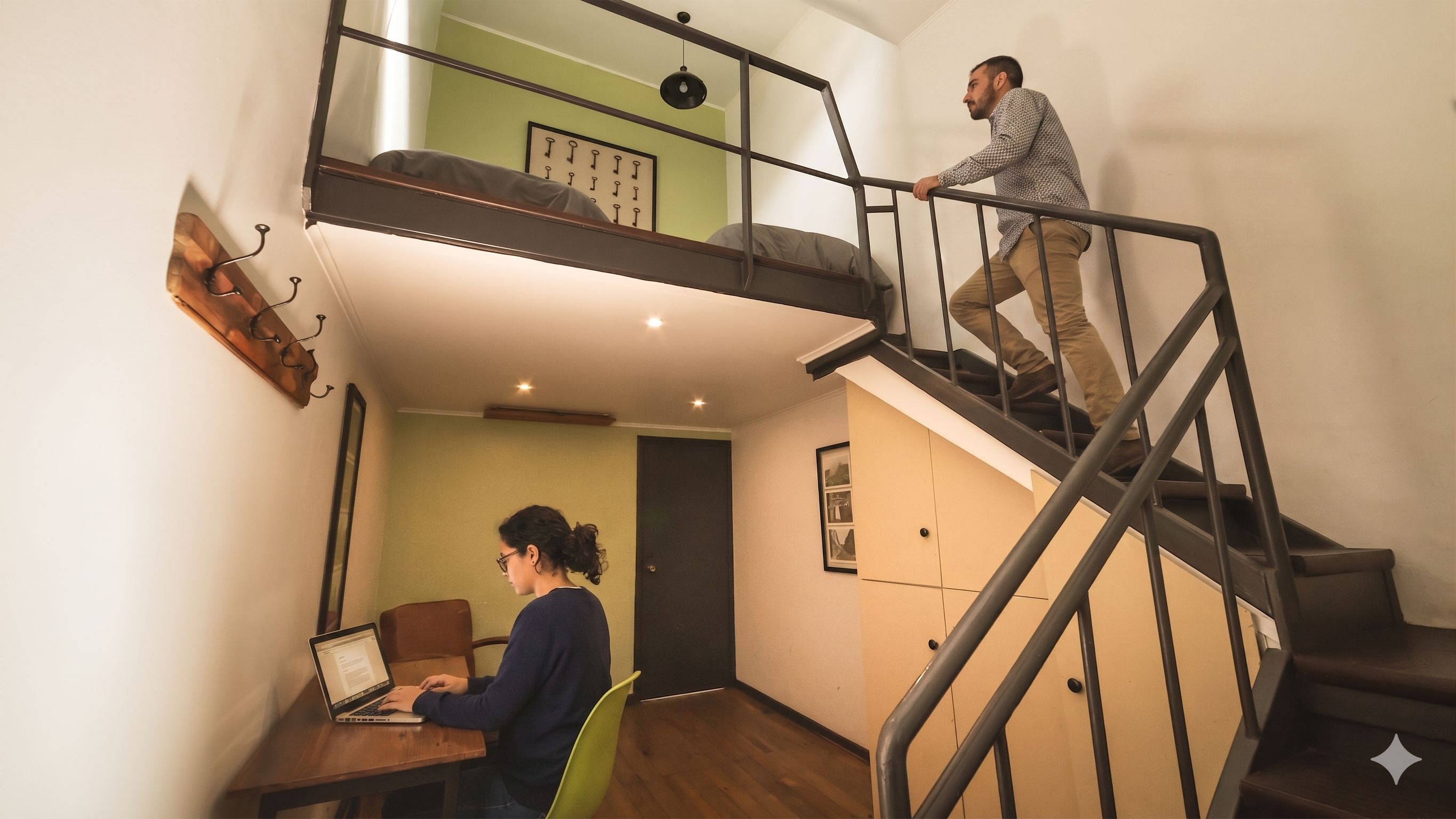 A two-story apartment with a staircase connecting the floors.
