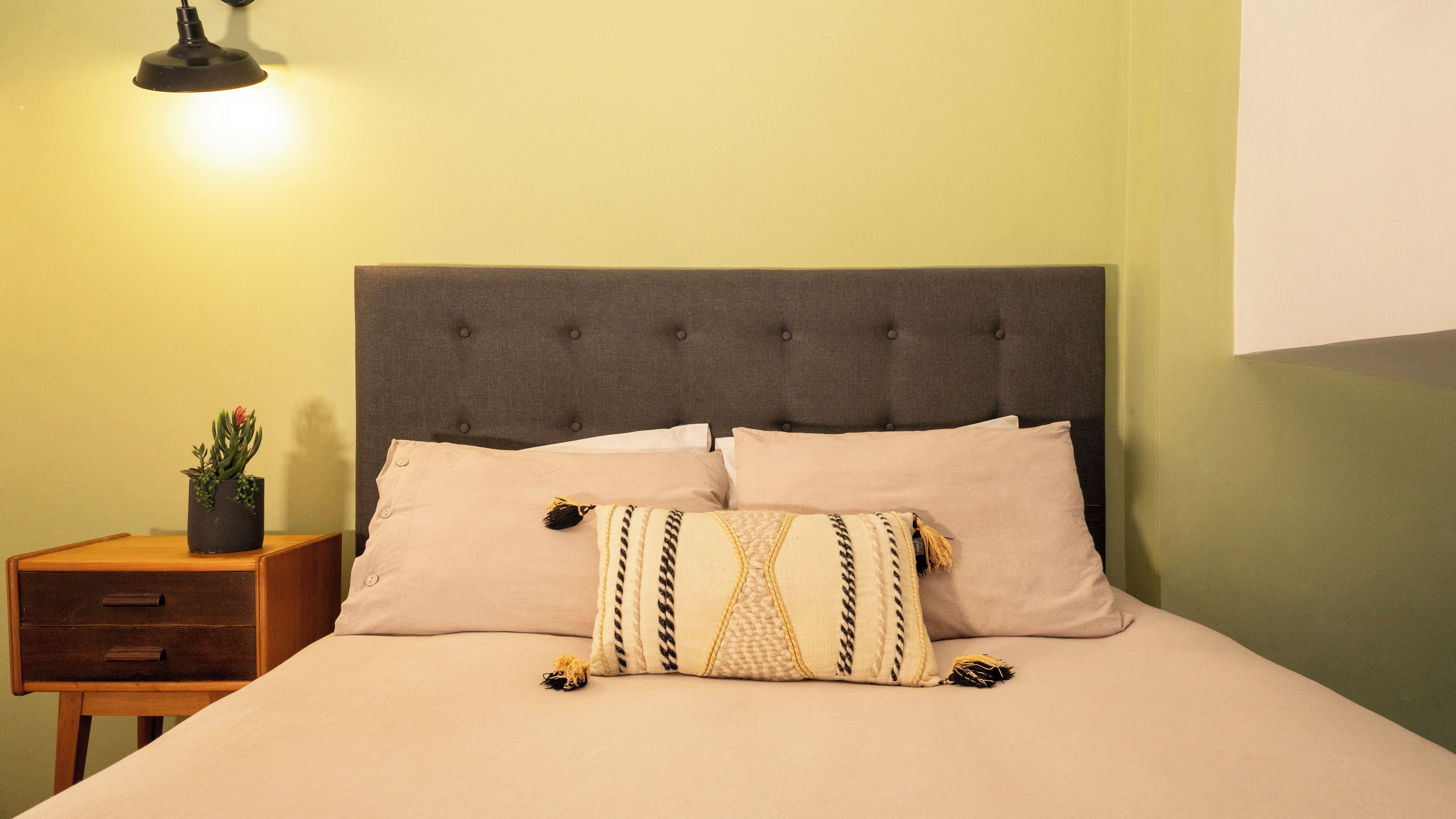 Un lit avec une tête de lit capitonnée, deux oreillers, une table de chevet avec une plante et une lampe fixée au mur.