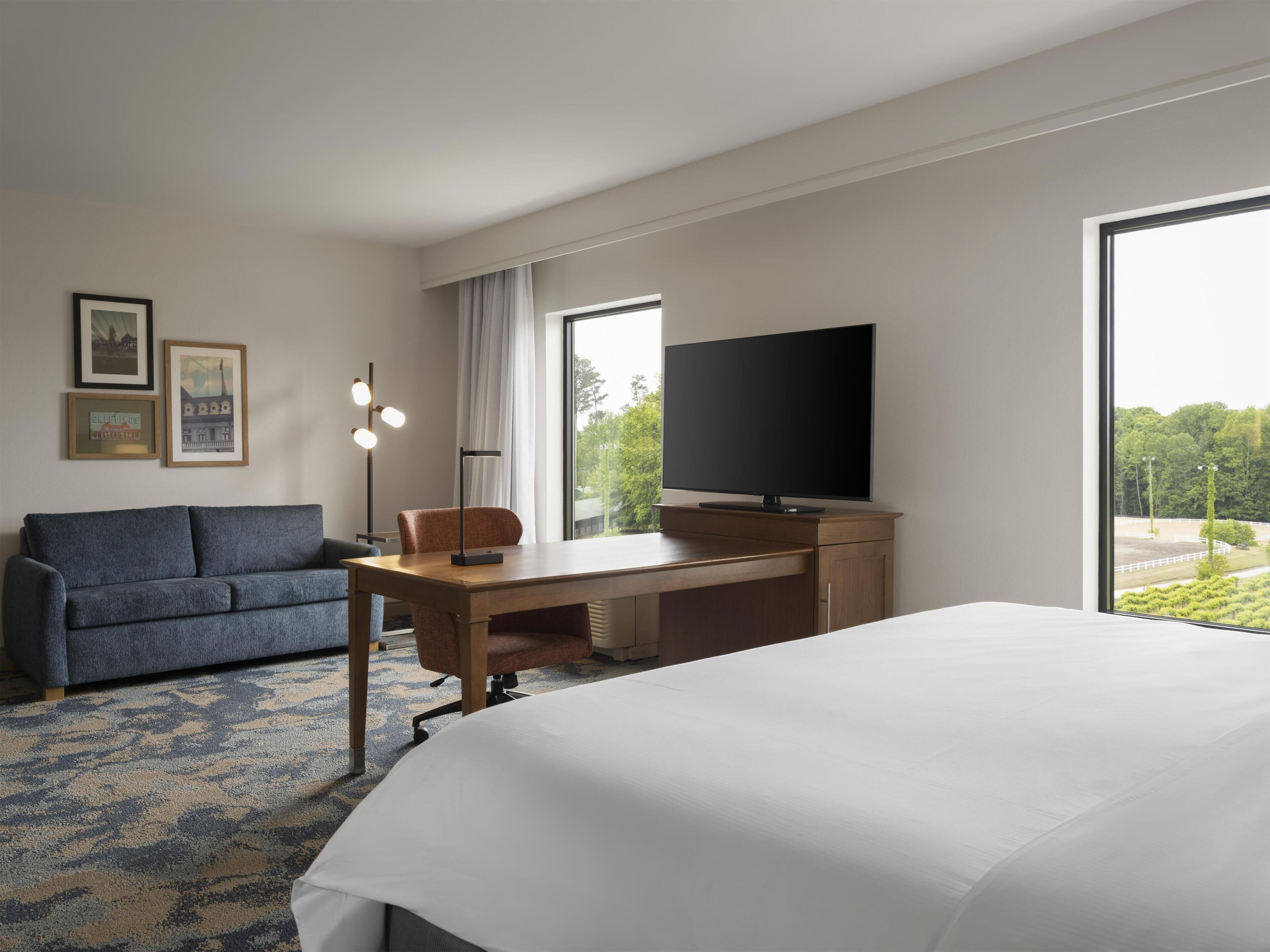 Habitación de hotel con cama, escritorio, sillón, sofá, televisor y ventanas amplias.