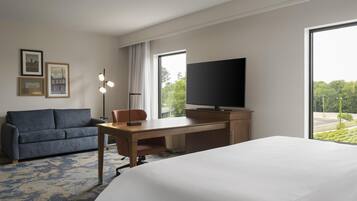 Habitación de hotel con cama, escritorio, sillón, sofá, televisor y ventanas amplias.
