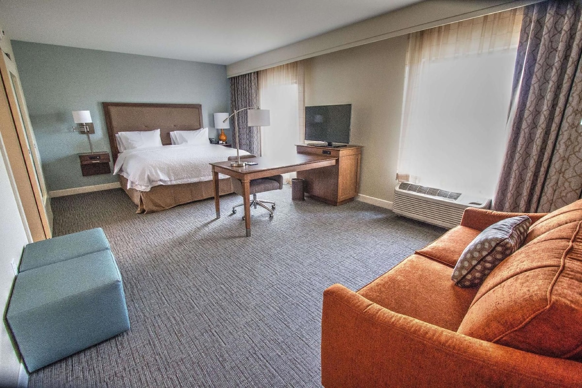 Una habitación de hotel con cama, escritorio, televisor y sofá.