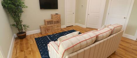 A living room with a sofa, a potted plant, a flat-screen TV, wooden storage cubes, and a blue rug.