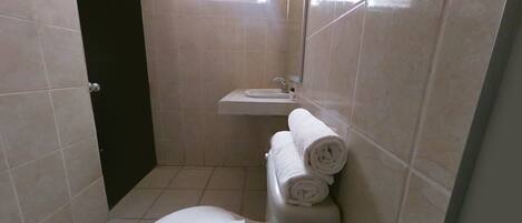 A small, clean bathroom with a toilet, a sink, and a mirror. There are two rolled towels on the wall.