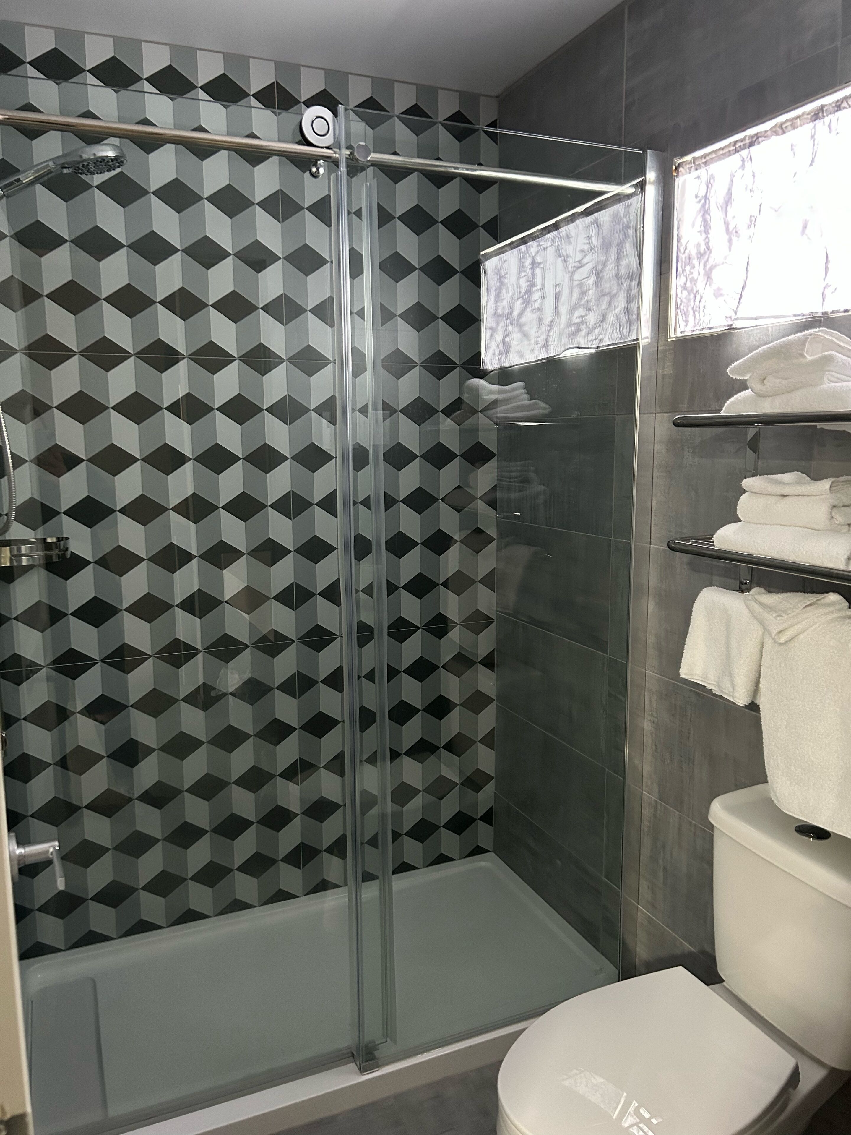 A modern bathroom with a glass shower enclosure, a toilet, and a towel rack.
