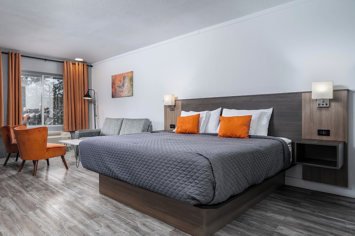 Una habitación de hotel moderna con una cama grande, un escritorio y una silla.