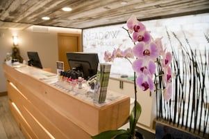 A reception desk with a computer, a vase with flowers, and a sign reading "MEADOW SPA & DOOLS".