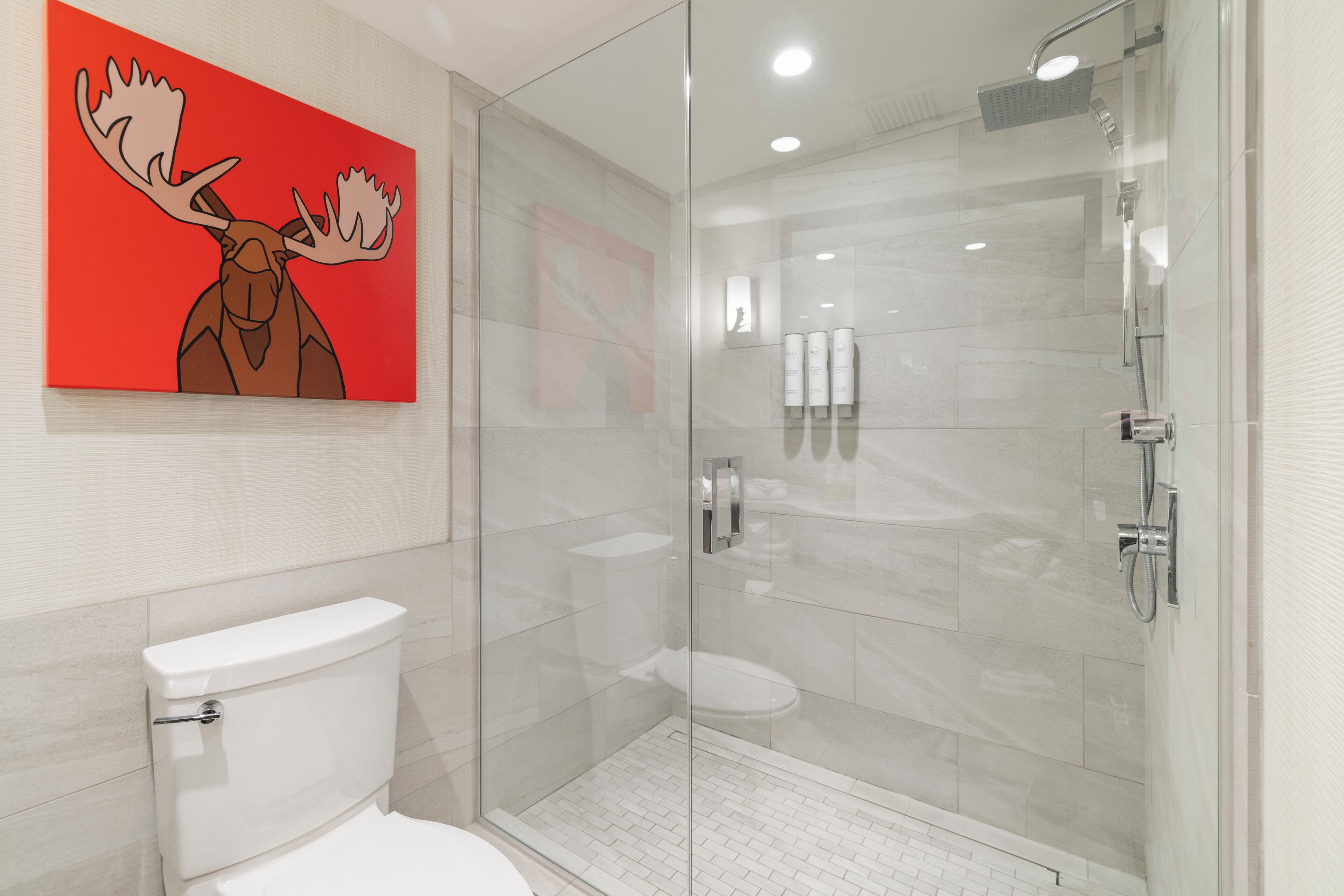 Un baño moderno con ducha envuelta en vidrio, inodoro y un cuadro de un alce rojo en la pared.