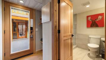 A hotel room with a wooden door, a shower area, and a toilet.