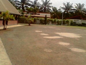 A courtyard with palm trees, a building with a sloped roof, and a paved area with circular patterns.