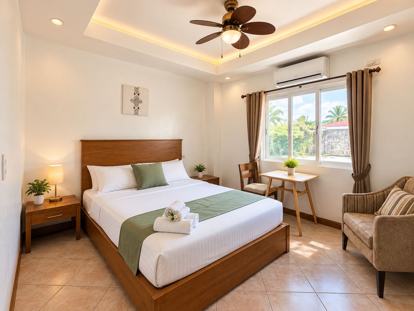 Habitación de hotel con cama, escritorio, silla, ventilador de techo y aire acondicionado.