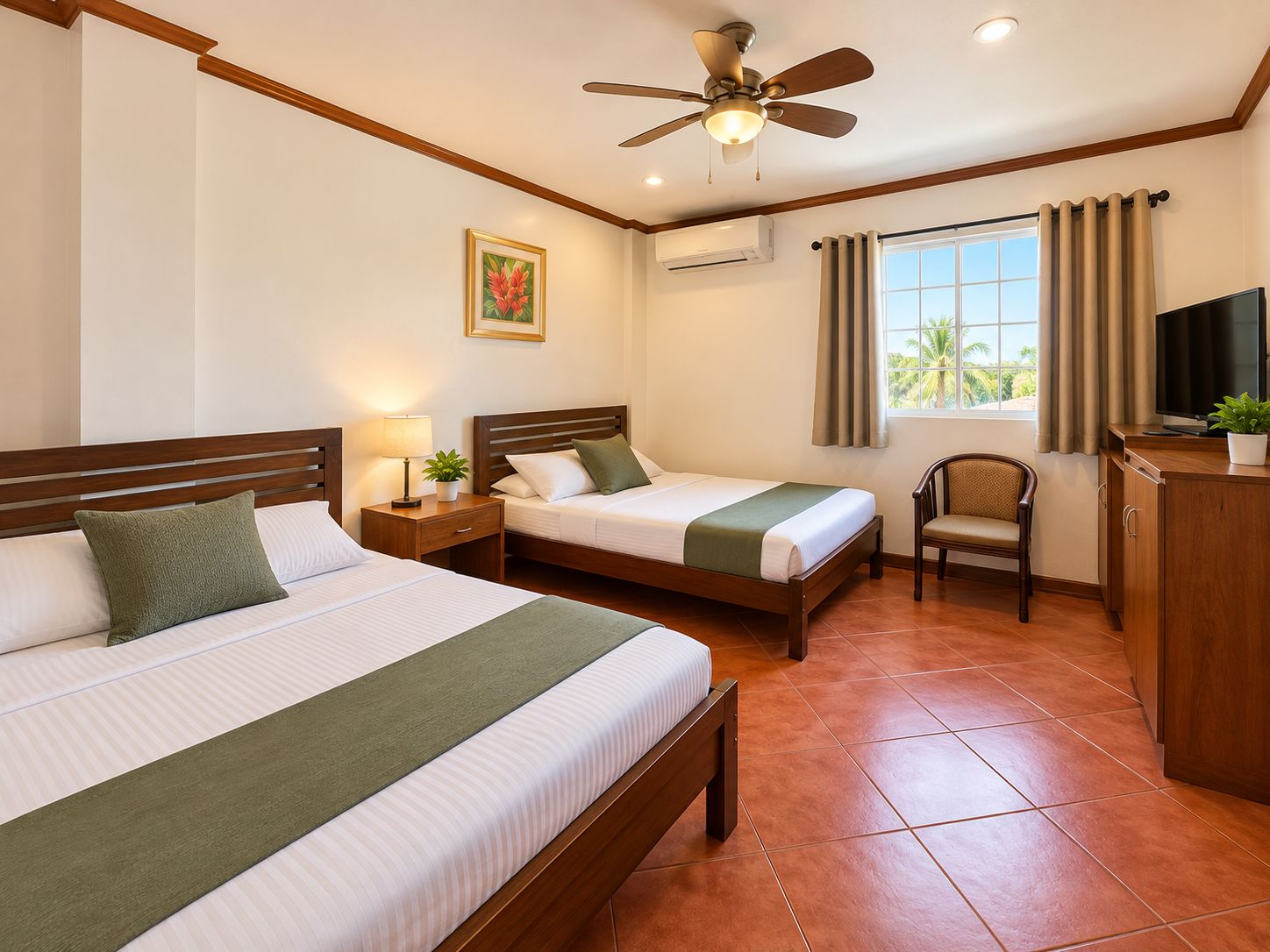 A hotel room with two beds, a ceiling fan, a TV, a chair, and a window with curtains.