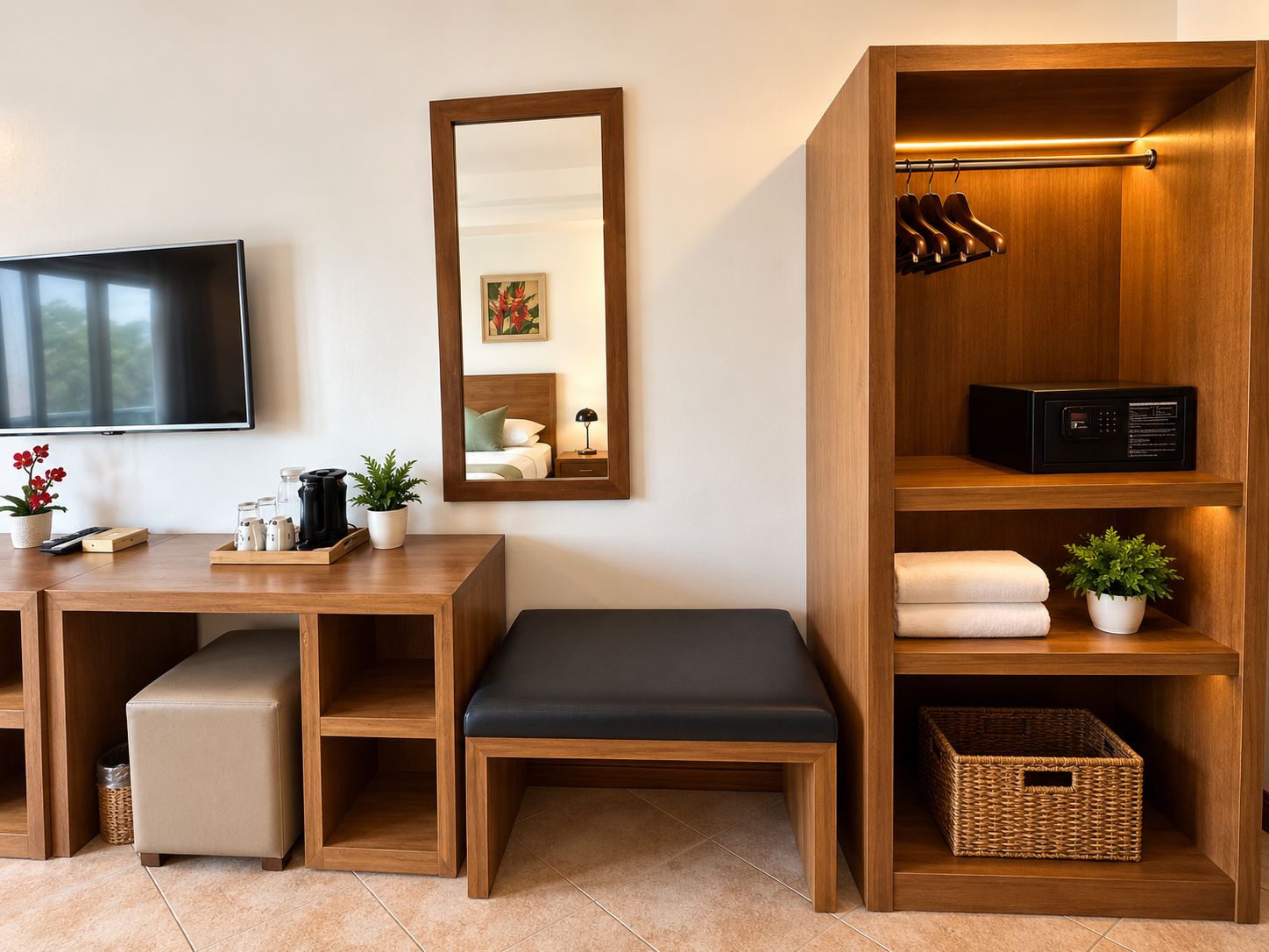 A hotel room with a wooden desk, a bench, a TV, a mirror, a wardrobe, and a microwave.