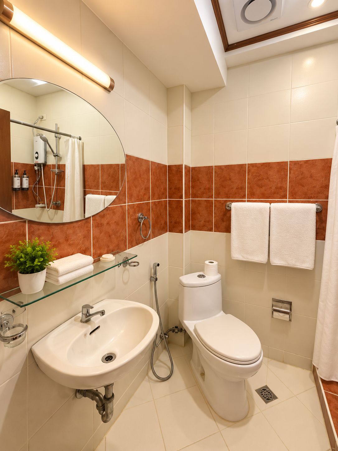 A modern bathroom with a glass shelf, a white sink, a toilet, and a shower.