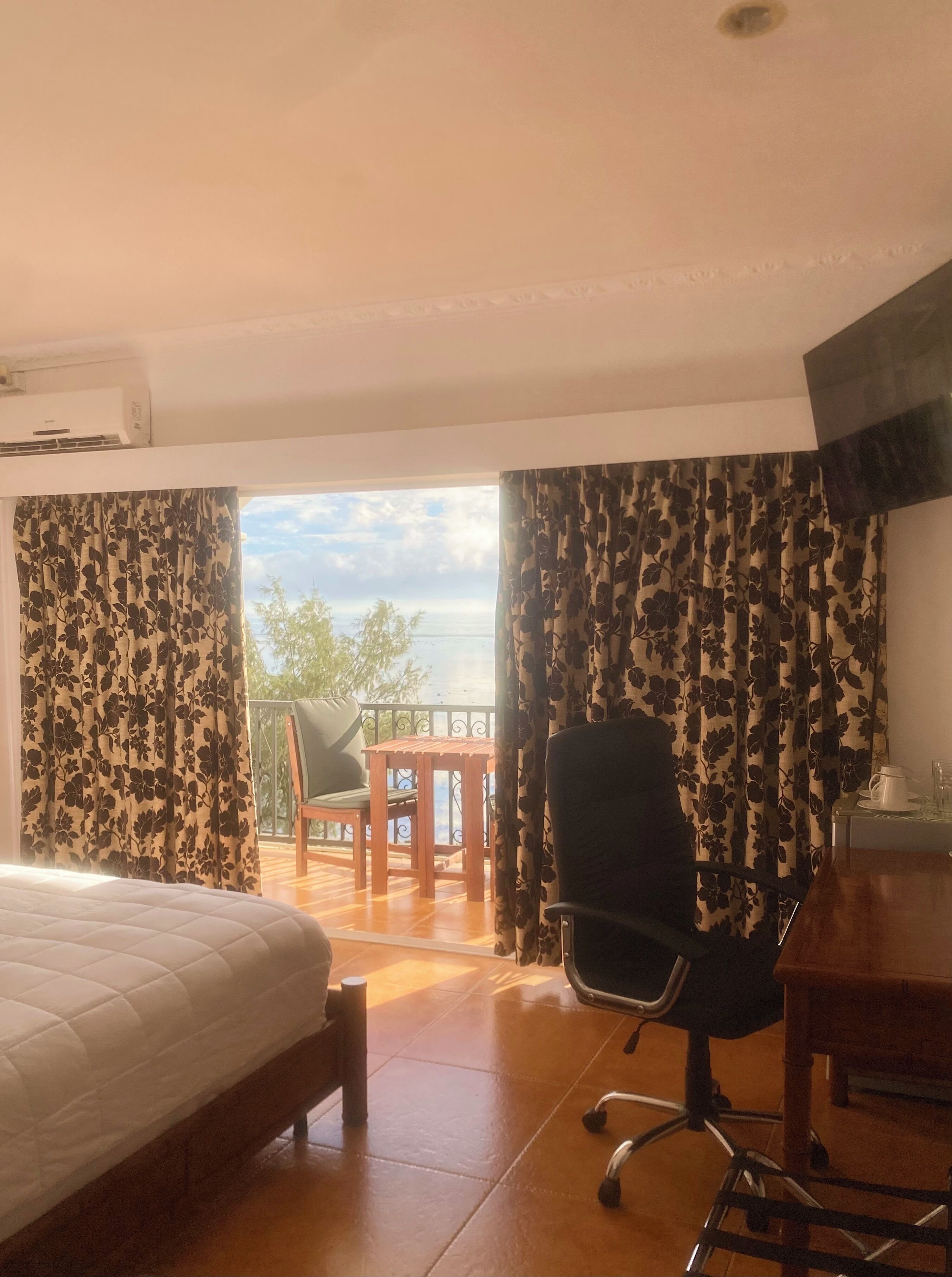 deluxe double room, balcony, ocean view | in-room safe, desk, laptop workspace, iron/ironing board