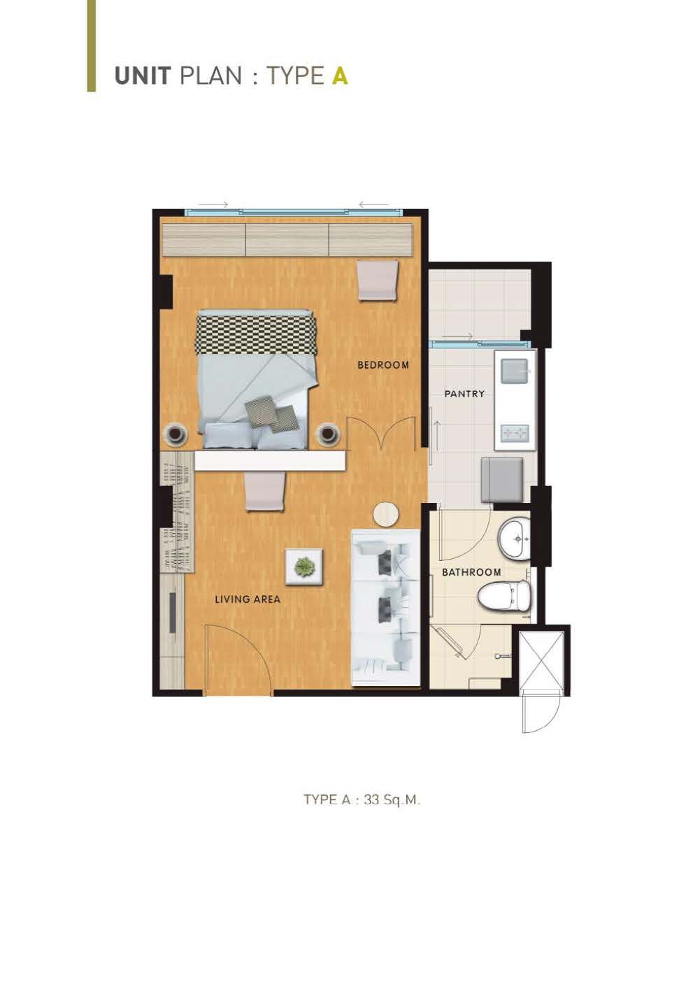 Un modèle d’appartement de type A comprenant une chambre, un espace de vie, une salle de bain et un garde-manger.