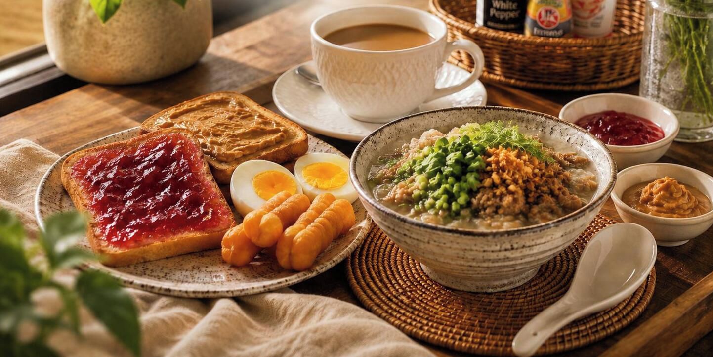 Desayuno con tostadas, huevos y un tazón de gachas.