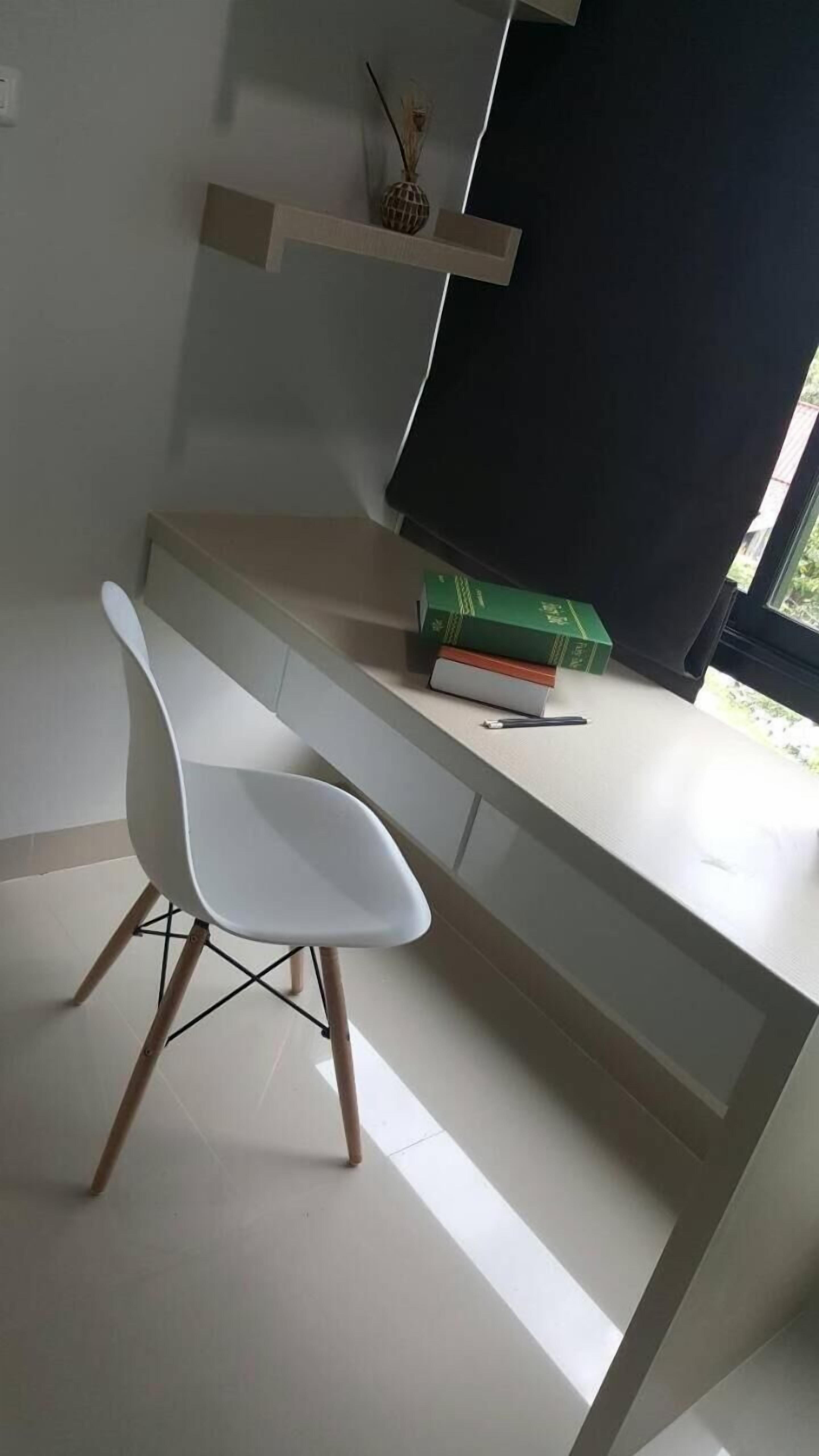 desk, blackout curtains, iron/ironing board