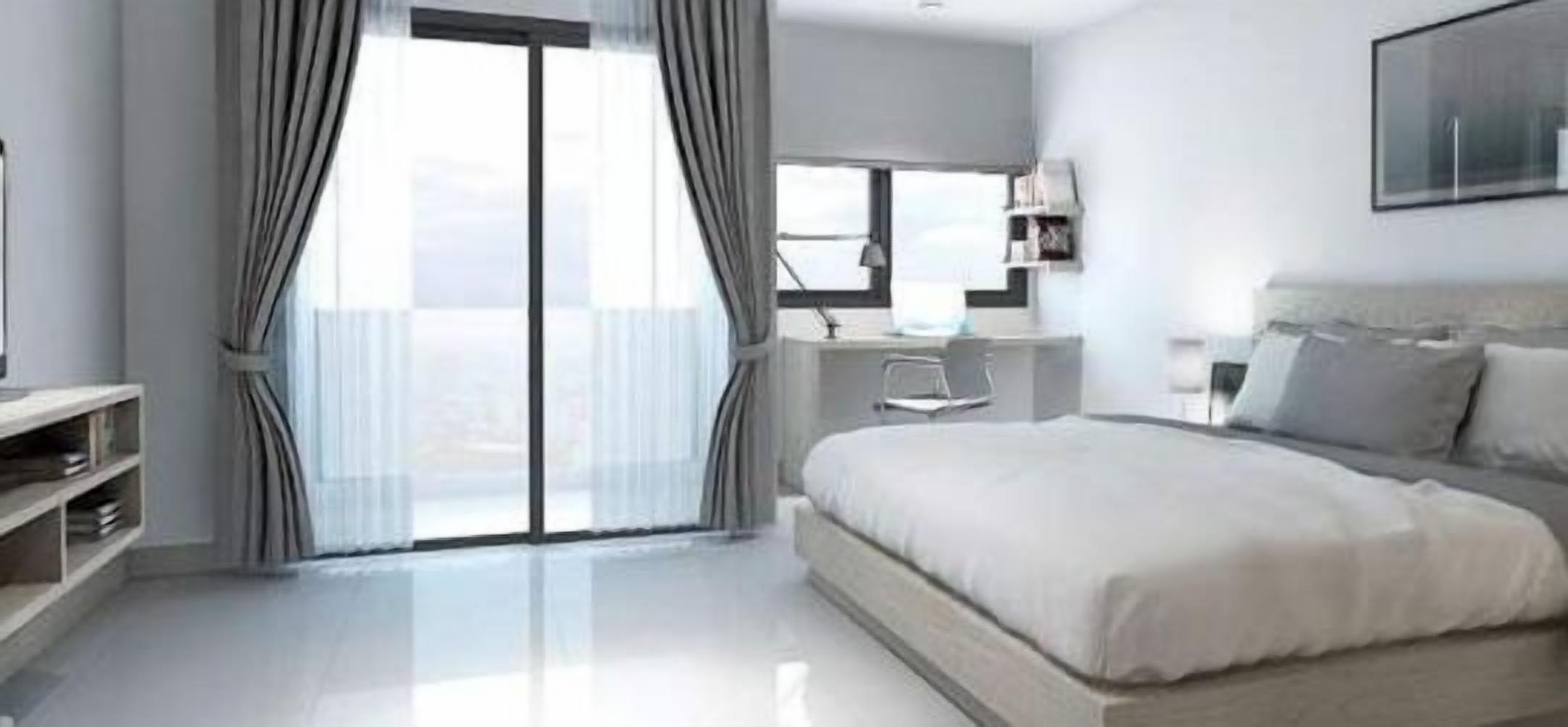 desk, blackout curtains, iron/ironing board