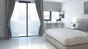 Desk, blackout curtains, iron/ironing board