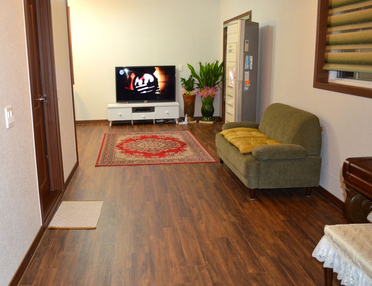 A living room with a television, sofa, and a potted plant.