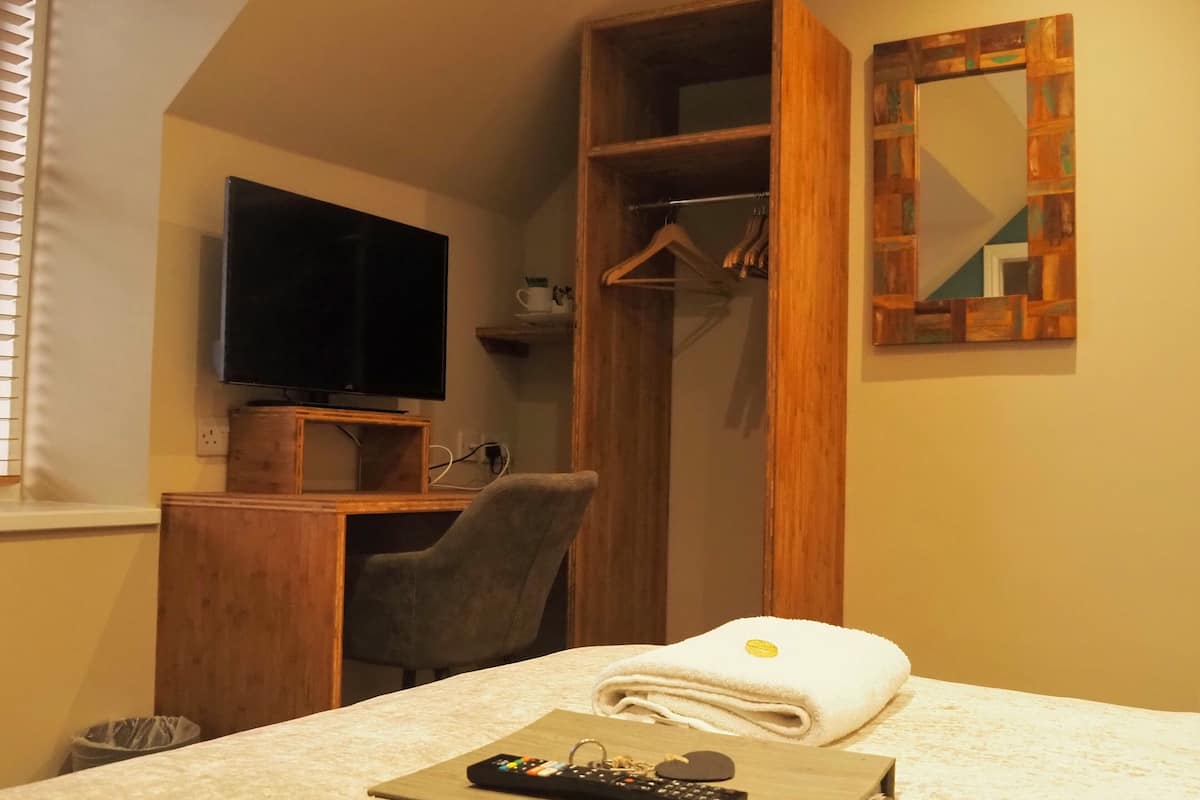 A hotel room with a bed, a TV, a desk with a chair, a wardrobe, and a mirror.