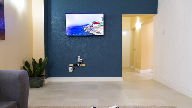 A living room with a flat-screen TV mounted on the wall, a potted plant, a magazine on a coffee table, and a hallway leading to another room.