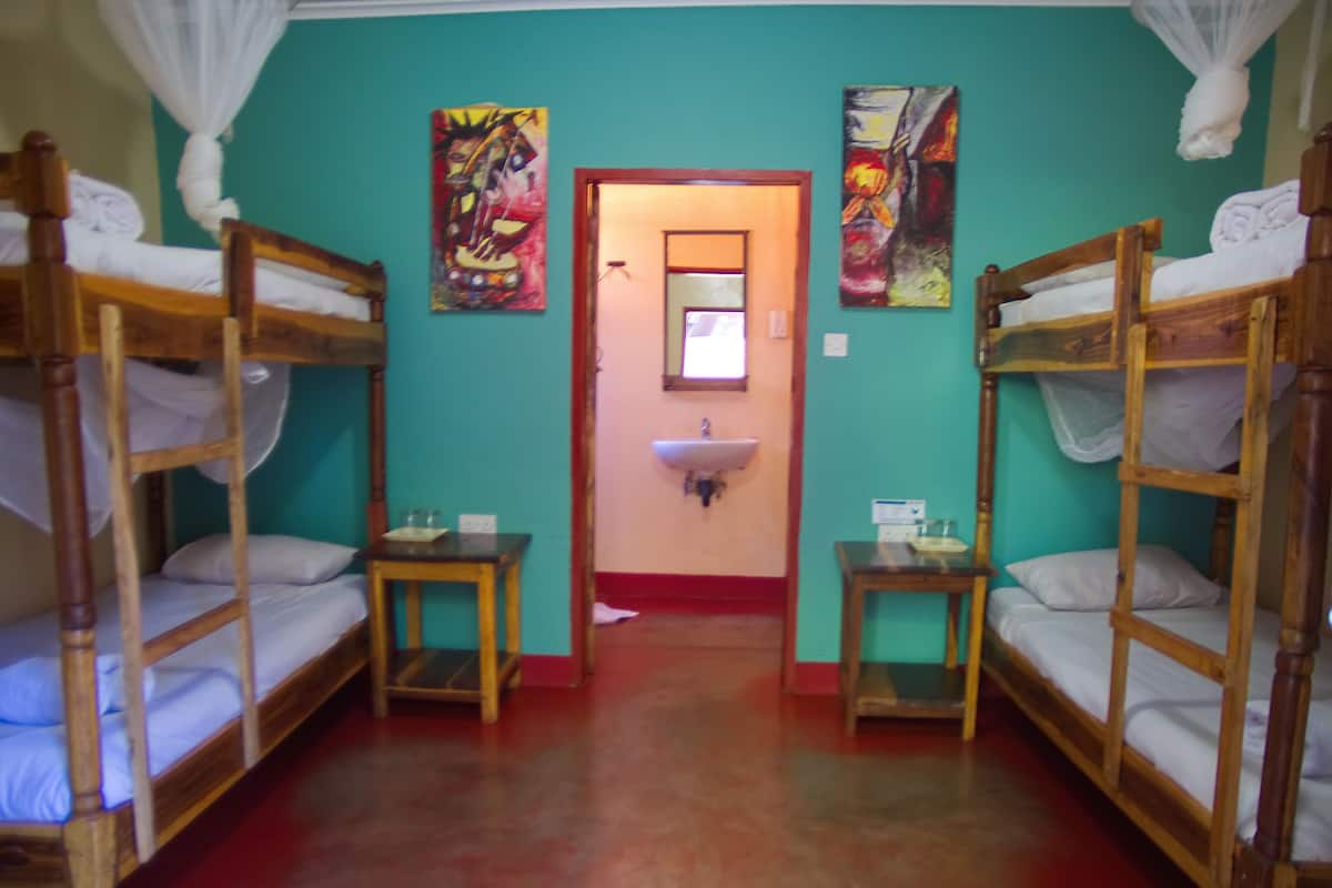 A room with bunk beds, a sink, and two paintings on the walls.