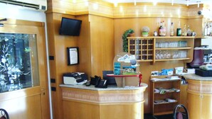 A reception desk with a flat-screen TV, a printer, and a telephone. There are shelves with glassware and a small potted plant. - Residence Vezzoli (Darfo Boario Terme)