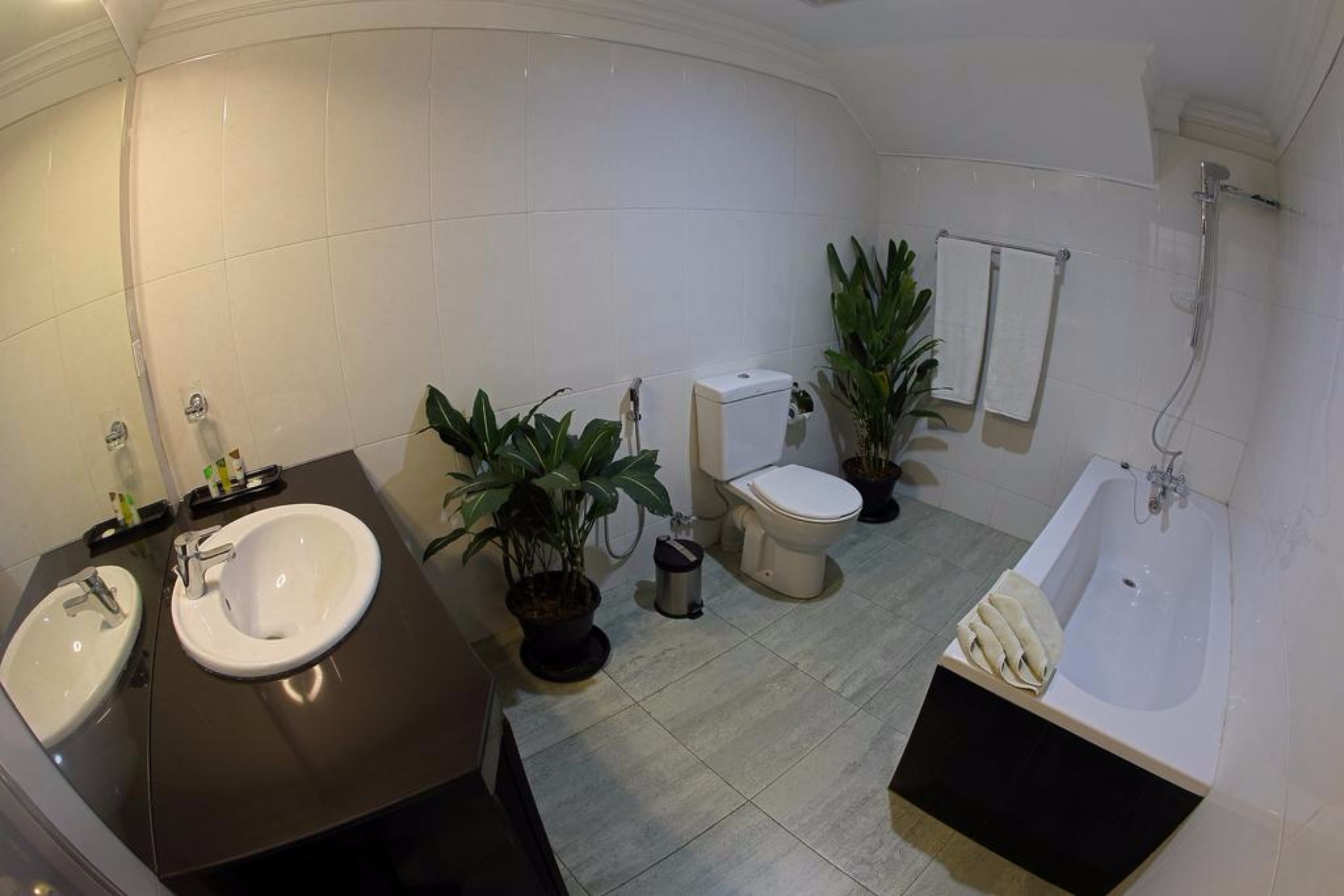 Een moderne badkamer met een wastafel, toilet en bad.