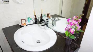 A bathroom with a white sink, a mirror, and a potted orchid.