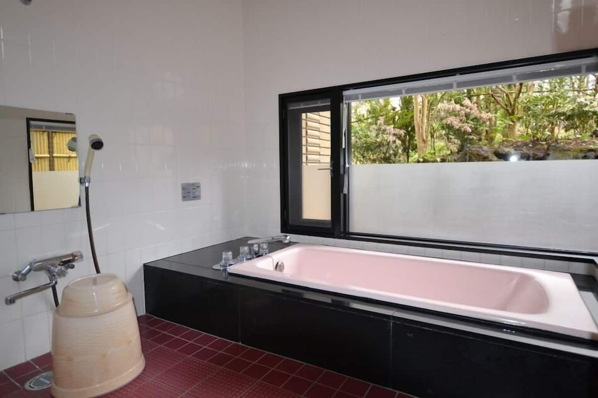 A bathroom with a large bathtub, a shower, and a window with a view of greenery.