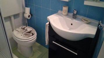 A bathroom with a toilet, a sink, and a blue tiled wall.