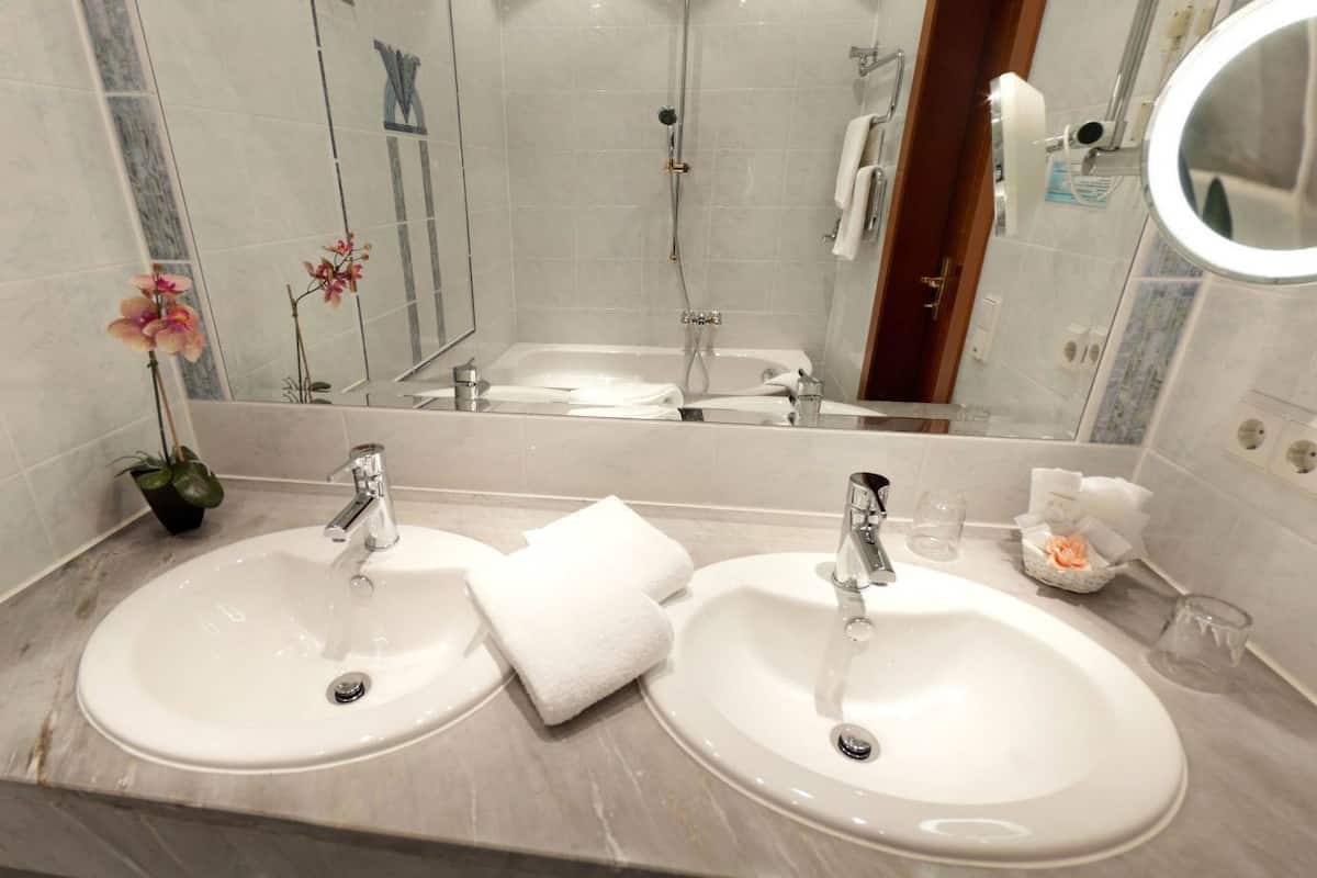 Baño con dos lavamanos, un espejo y ducha.