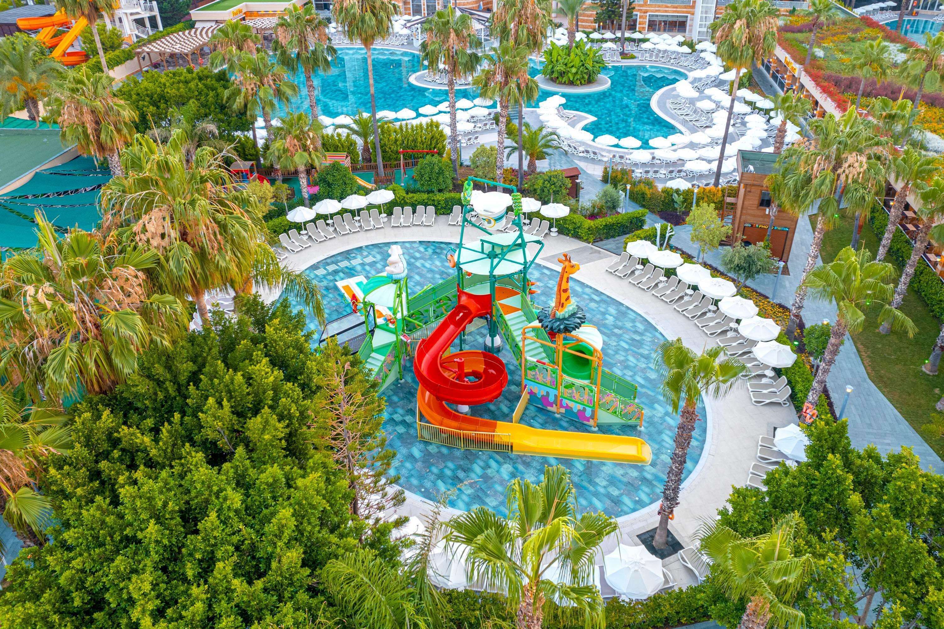 Una amplia piscina al aire libre con múltiples carriles, rodeada de palmeras y zonas de descanso.