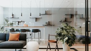A modern interior with a sofa, chairs, a dining area, and a large potted plant.
