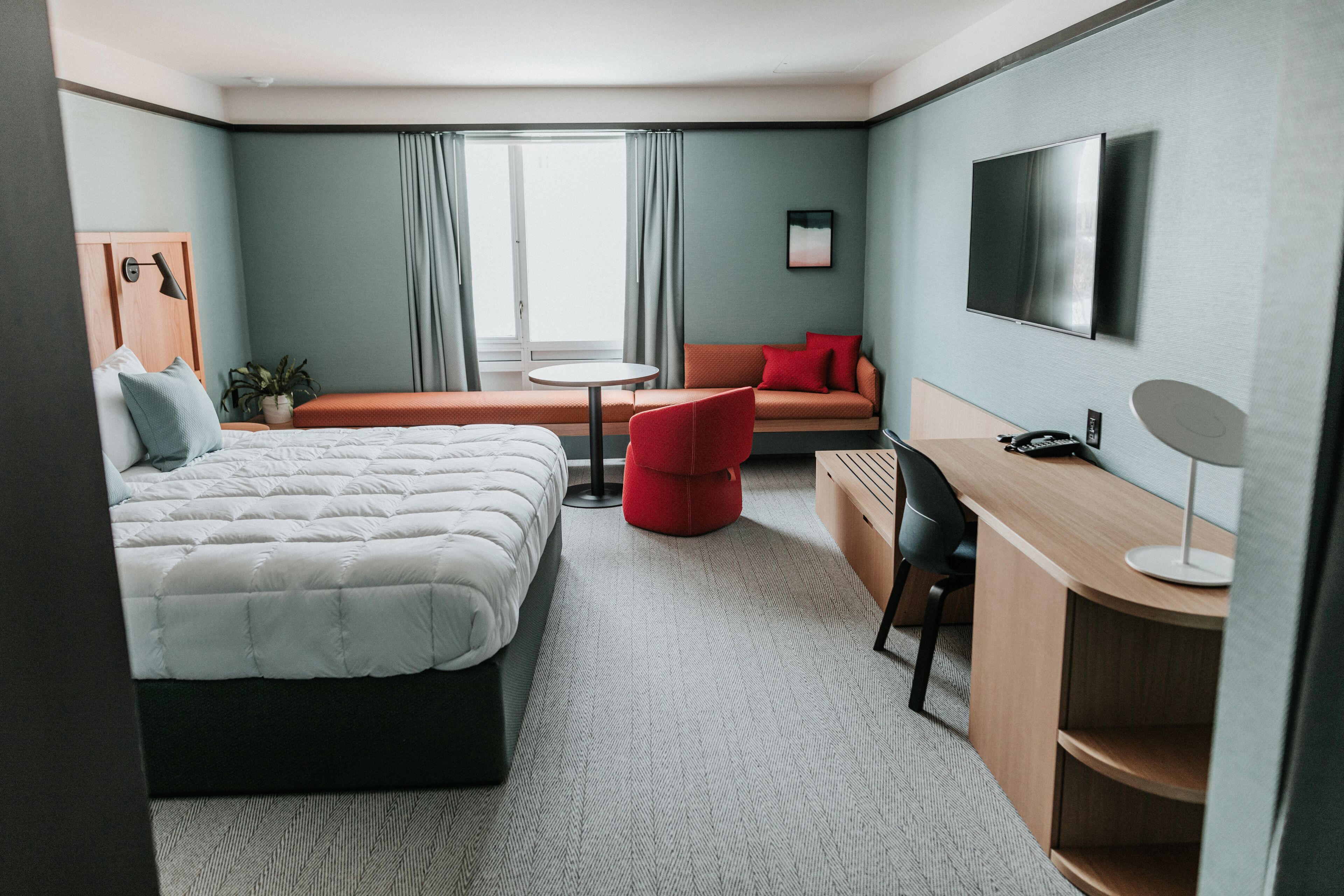 premium bedding, down duvets, pillow-top beds, desk